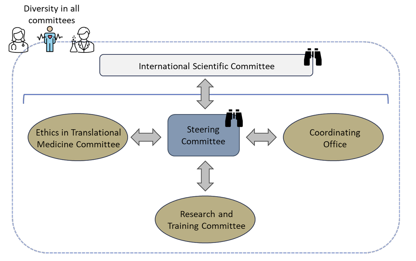 Diagram showing the organizational structure of the University of Bern – McGill Partnership in Precision Medicine. At the center is the Steering Committee, connected to three groups: the Ethics in Translational Medicine Committee, the Research and Training Committee, and the Coordinating Office. Above the Steering Committee is the International Scientific Committee, providing guidance. A note highlights “Diversity in all committees,” represented by icons of scientists and clinicians.